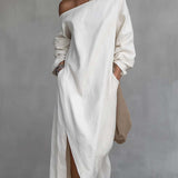 Loose-fitting One Shoulder Split Hem Cotton Linen Midi Dress