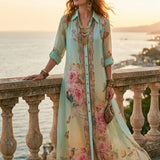 Baroque Style Mint Green Chiffon Floral Maxi Dress