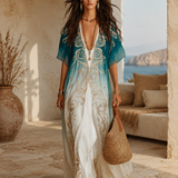 Elegant Coastal Breeze Aqua Ombre Kaftan Maxi Dress