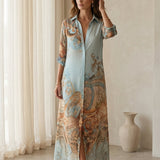 Baroque Style Floral Blue Chiffon Maxi Dress