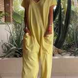 Casual V-neck Solid Color Jumpsuit