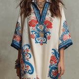Bohemian Floral Paisley Kaftan Midi Dress In Ivory Blue