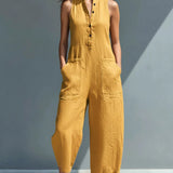 Black Minimalist Faux Linen Button-down Collar Sleeveless Loose-fitting Jumpsuit