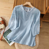 Embroidered Top | Button Placket | Three Quarter Sleeve | Ruffle Neck