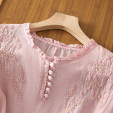 Embroidered Top | Button Placket | Three Quarter Sleeve | Ruffle Neck