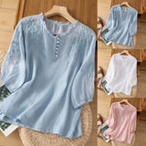 Embroidered Top | Button Placket | Three Quarter Sleeve | Ruffle Neck