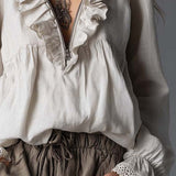 Effortless Zip-up Collar Ruffled Cotton Linen Blouse