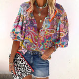 Floral Blouse | Button Front | V Neck | Three Quarter Sleeve