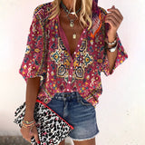 Floral Blouse | Button Front | V Neck | Three Quarter Sleeve