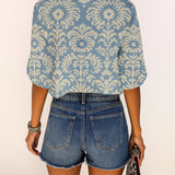 Floral Blouse | Button Front | V Neck | Three Quarter Sleeve