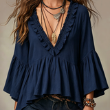 Effortless Deep Blue Ruffle Boho Blouse