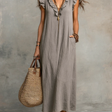 Bohemian Sleeveless Ruffle V-Neck Flowy Maxi Dress
