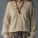 Easy-to-wear Ruffled Pleated Collar Cotton Linen Blouse